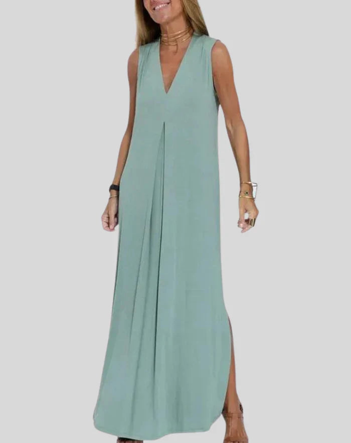 Women's Casual Long V-neck Dress with Slit | Ideal for Spring/Summer