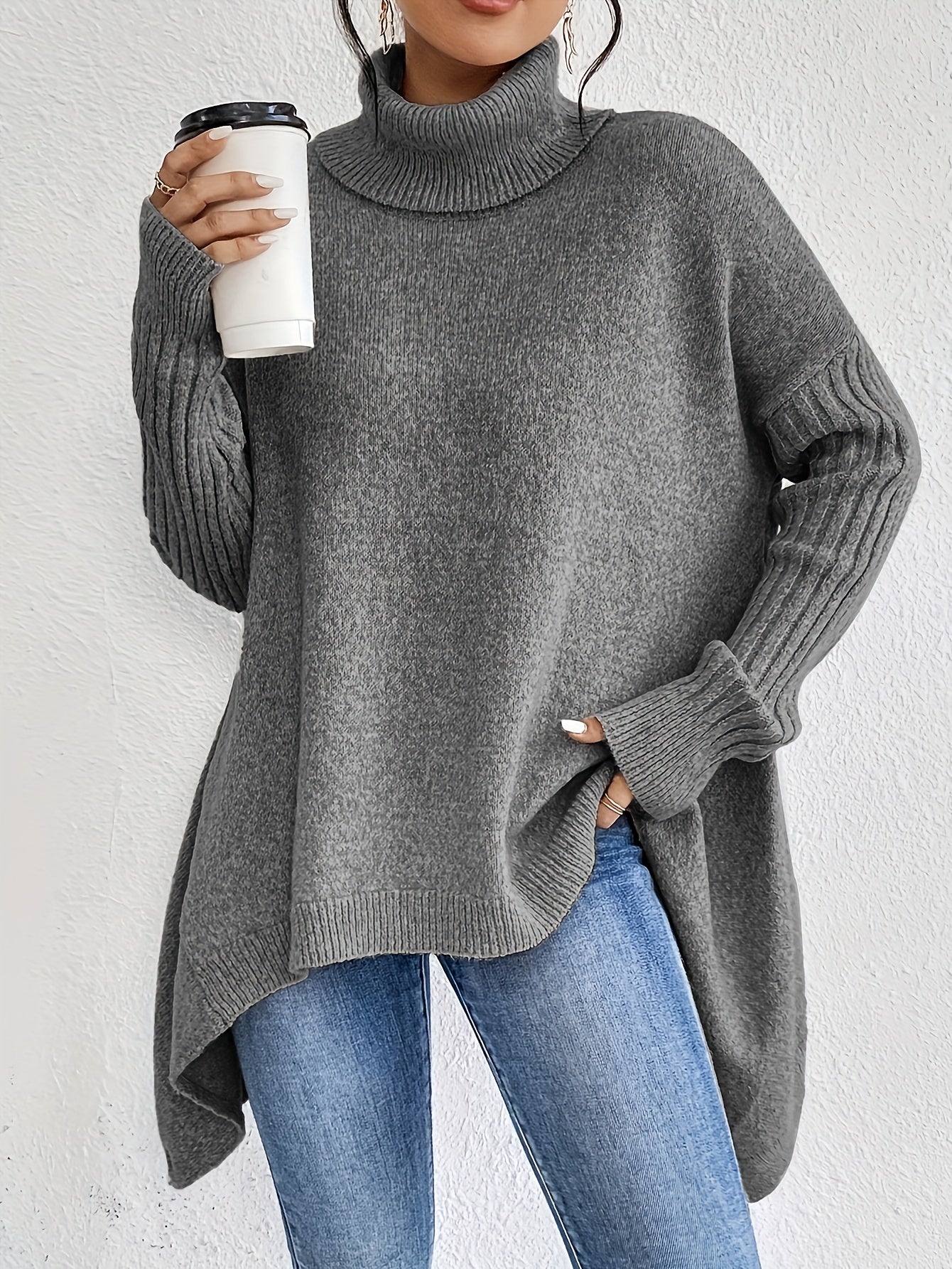 Women's Loose Fit Asymmetric Hem Turtleneck Jumper | Ideal for Autumn/Winter