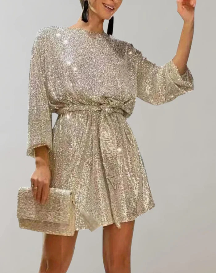 Women's Stylish Waist-Cinched Sequin Mini Dress | Ideal for Spring/Summer