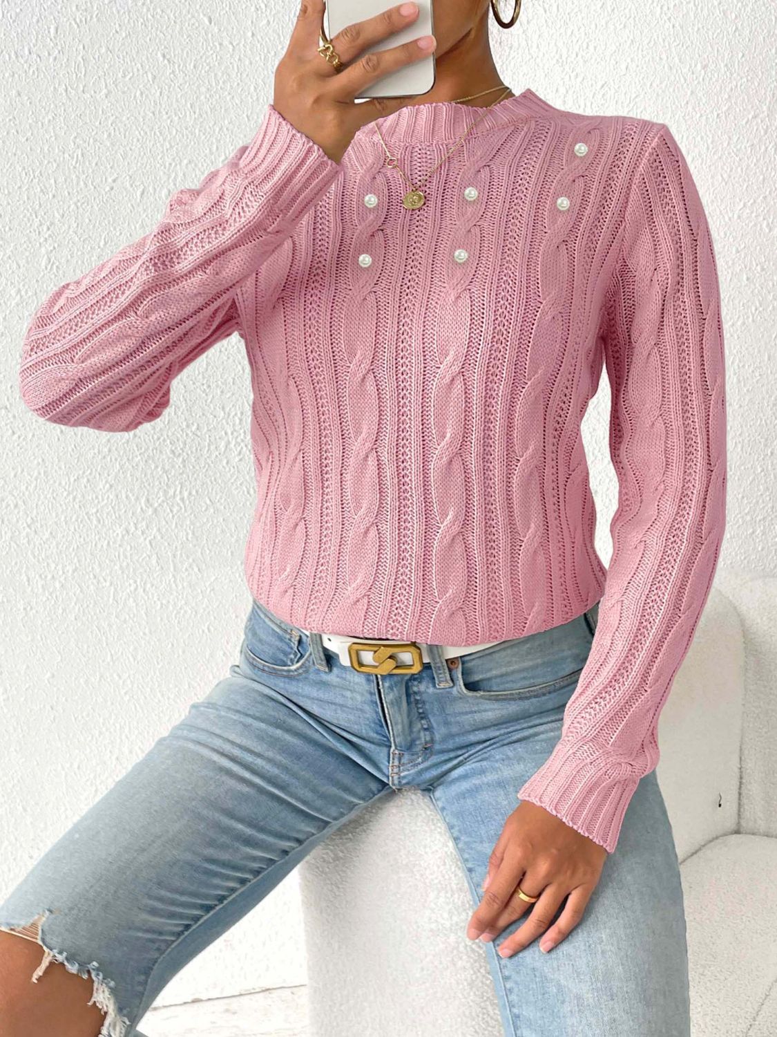 Women's Elegant Braided Knitted Jumper with Beads | Great for Autumn/Winter