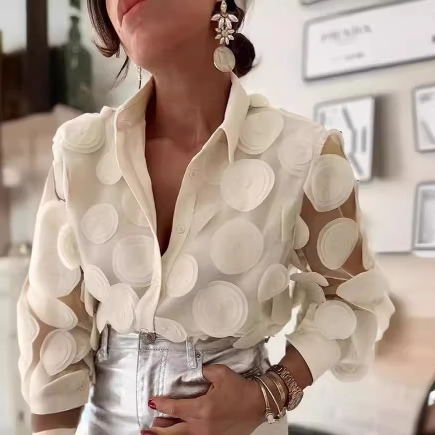 Women's Stylish 3D Petals Long Sleeve Button Front Blouse | Ideal for Spring/Summer