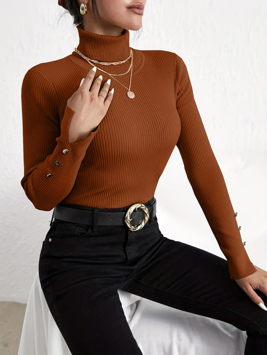 Women's Modern Solid Color Slim Fit Turtleneck Jumper with Buttons | Ideal for Autumn/Winter