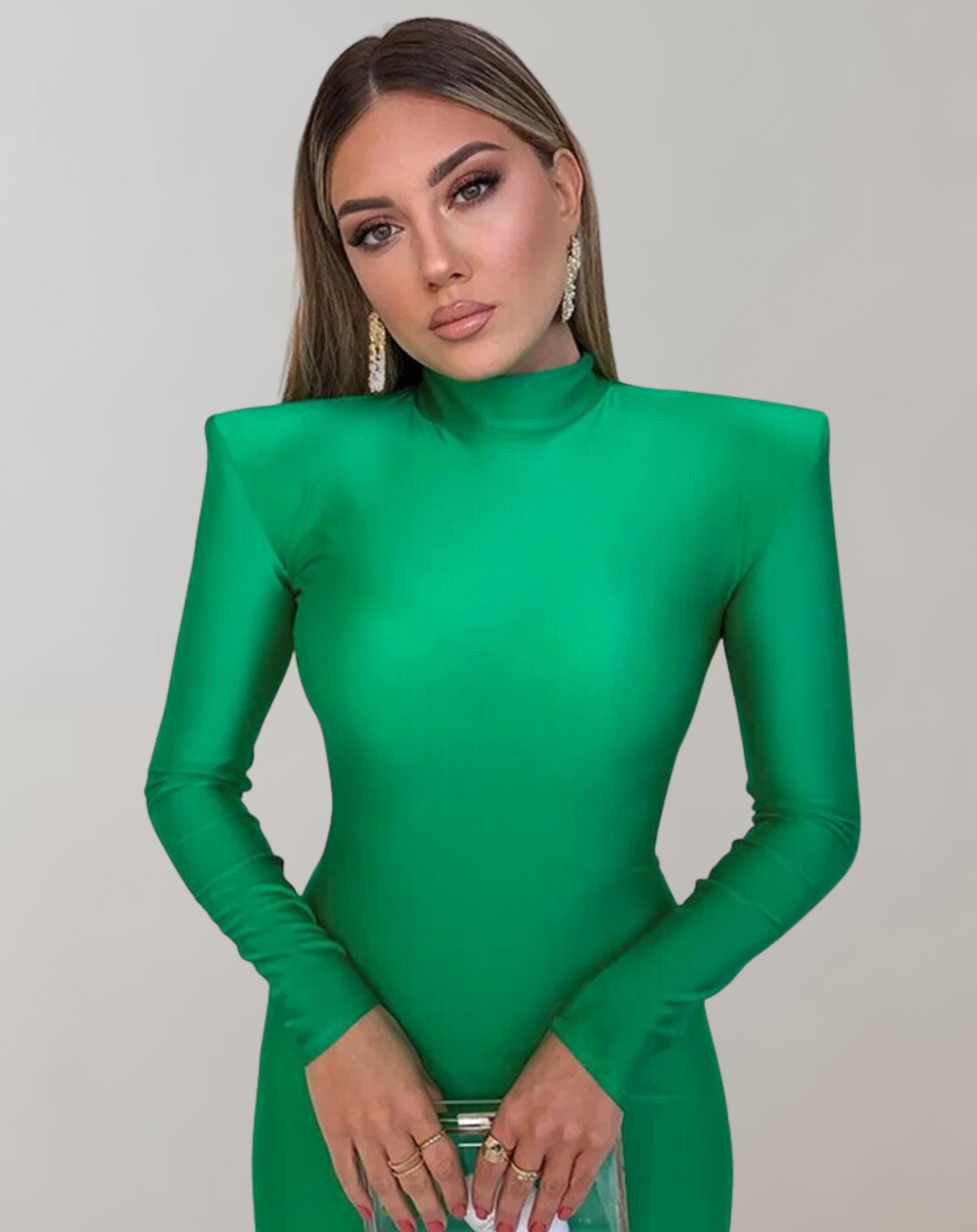 Variant image for Women's Elegant Long Sleeve Maxi Dress with Turtleneck and Shoulder Pads-2