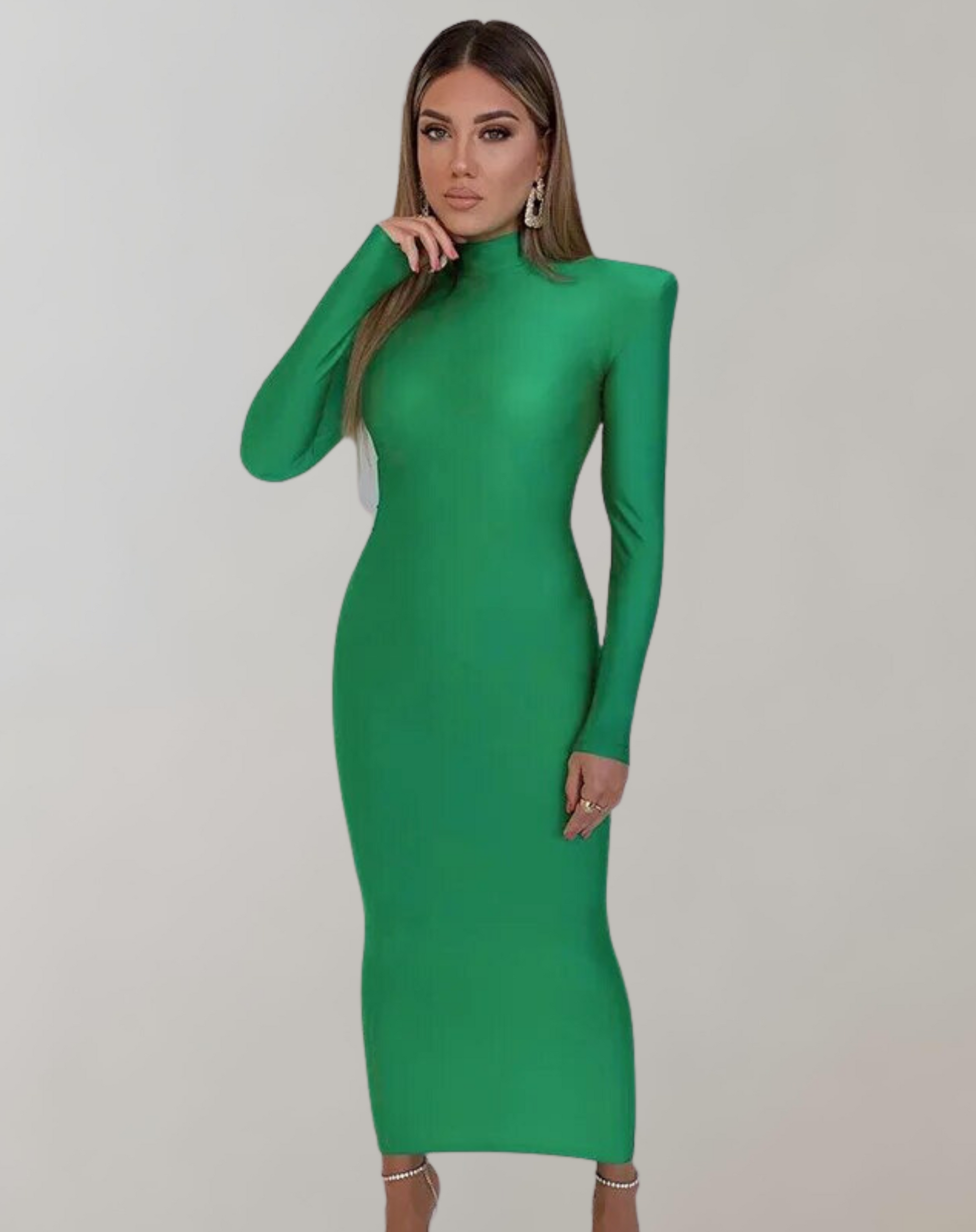 Women's Elegant Long Sleeve Maxi Dress with Turtleneck and Shoulder Pads-1