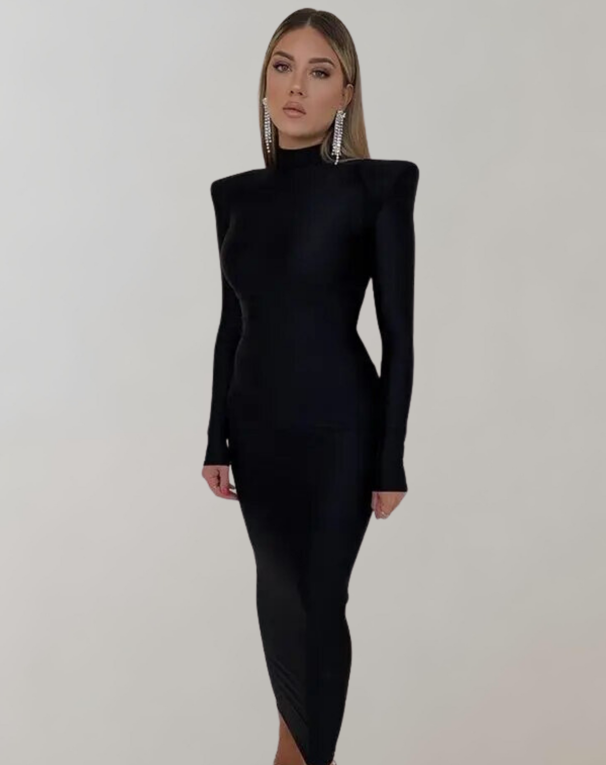 Variant image for Women's Elegant Long Sleeve Maxi Dress with Turtleneck and Shoulder Pads-1