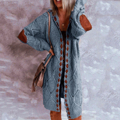 Women's Open-Front Knit Cardigan with Diamond Patterns and Elbow Patches | Ideal for Autumn/Winter