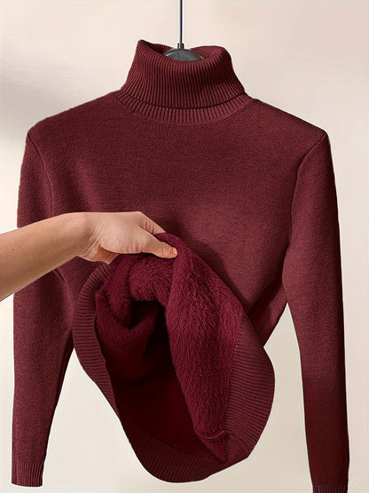 Women's Stylish Solid Color Turtleneck Jumper with Fleece | Ideal for Autumn/Winter