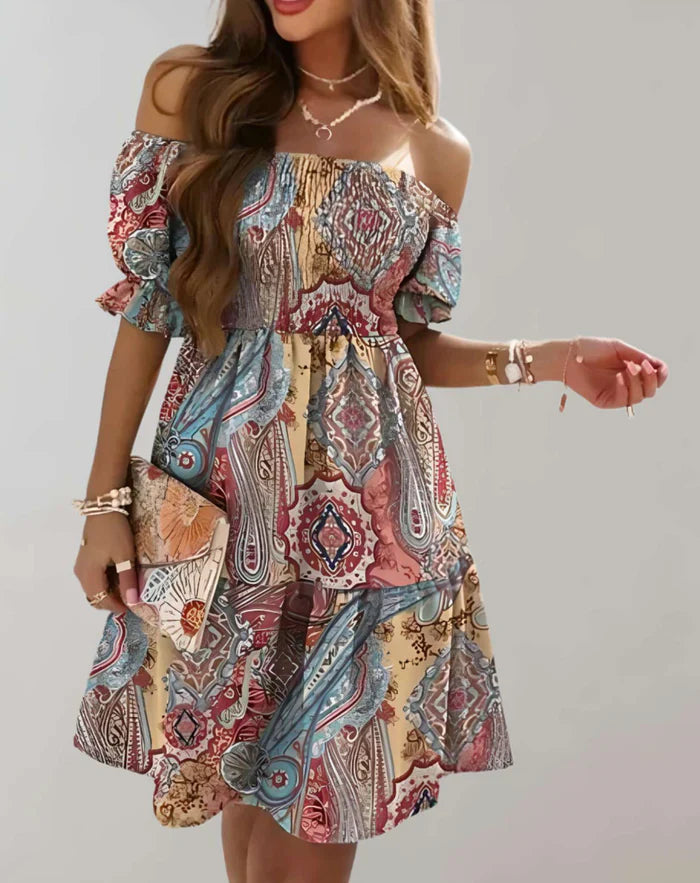 Women’s Off Shoulder Half-Length Mini Dress with Floral Print | Great for Spring/Summer