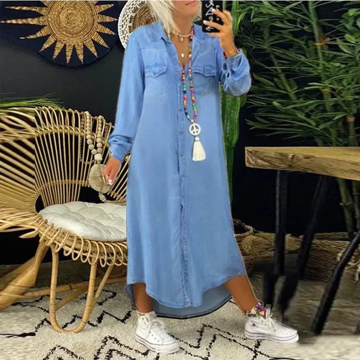 Women's Casual Button-Up Denim Summer Dress with Collar | Ideal for Spring/Summer