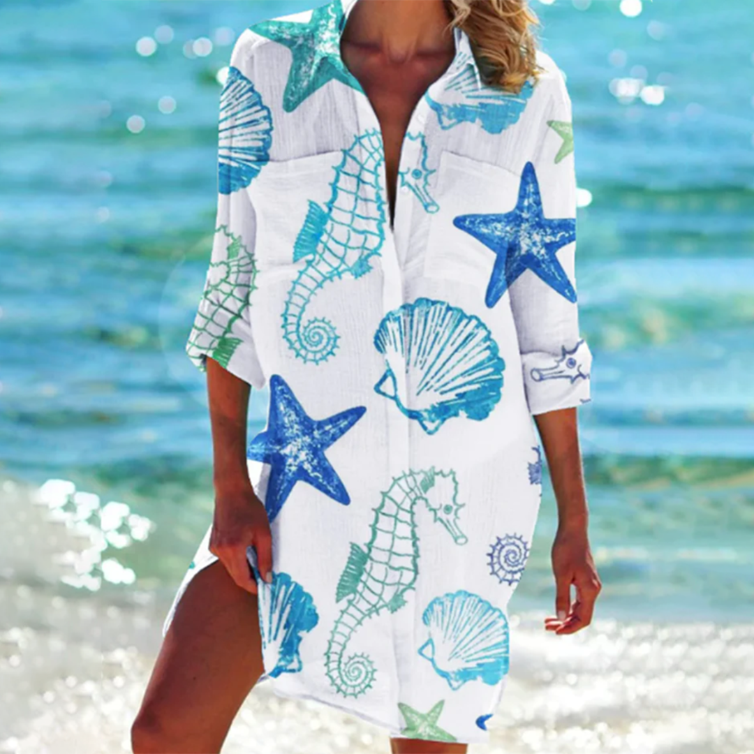 blue seahorses, green shell, tropical blue, rainbow starfish
