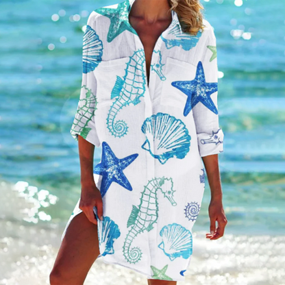 blue seahorses, green shell, tropical blue, rainbow starfish