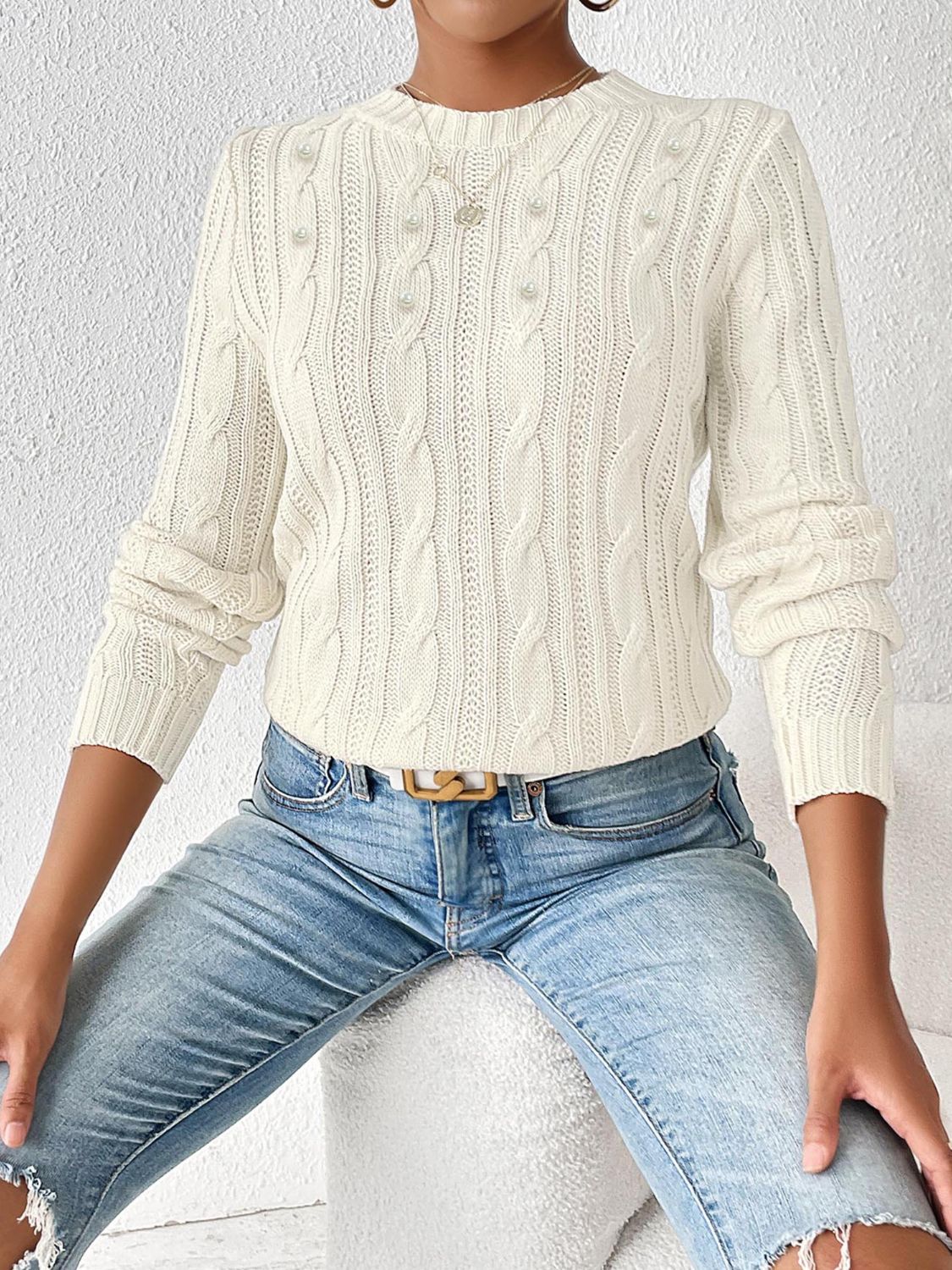 Women's Elegant Braided Knitted Jumper with Beads | Great for Autumn/Winter